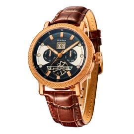 SURVAN WatchDesigner Watch for Men Sapphire Crystal Mechanical Skeleton Automatic Men's Wrist Watches Ion-Plated Leather Strap Copper Watch Needle（Rose Gold）