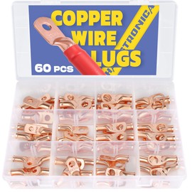Haisstronica 60PCS Copper Wire Lugs Kit(AWG 8 6 4),Heavy Duty Battery Cable End,Bare Copper Crimp Connectors,Eyelets Tubular Ring Terminals(4Sizes/12Types)