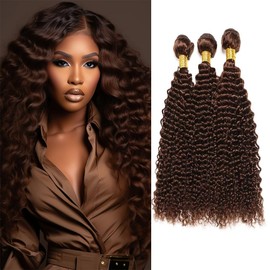 QEUOPE Brown Deep Wave Bundles Human Hair Color 4 Dark Brown Deep Curly Wet and Wavy Bundles Double Weft Brazilian Hair Extensions Silky and Soft for Women (30 32 34 inch 3 Bundles)