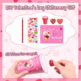 Pasimy 32 Set Valentine's Day Stationery Gift Valentine Classroom Exchange Gifts Include Cups Cards Pencils Stickers Erasers Sharpeners for Boy and Girl School Prize Party Favors