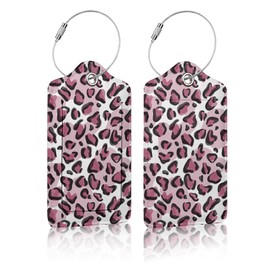2 Pack Luggage Tag for Suitcases, Pink Leopard Print Leather Baggage Tags Privacy Cover ID Label for Women Men Travel