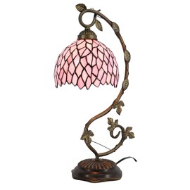 LXHCYOU Tiffany Table Lamp, Stained Glass Desk Light, 8X10X21 Inches, Metal Leaf Base (Pink Wisteria)