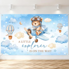 Mocsicka Airplane Baby Shower Decorations Banner Hot Air Balloons Little Explorer Boy Baby Shower Backdrop Party Decorations Photo Background (6x3.6ft)
