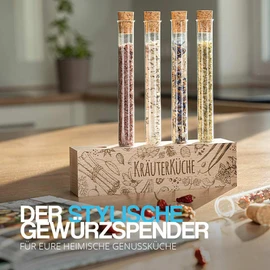 Tuuters Wooden Test Tube Holder Herb Kitchen with 5 x Test Tubes as Spice Rack, Vase
