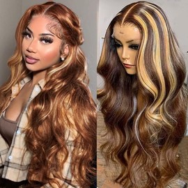 30 Inch Highlight Ombre Lace Front Wig Human Hair Pre Plucked 13x4 HD Transparent 4/27 Body Wave HD Lace Frontal Human Hair Wigs with Baby Hair 200% Density Honey Blonde Lace Front Wig Human Hair