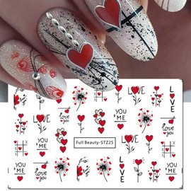 Valentine Love Heart Design Nail Stickers Geometry Strip Line Water Decal Tattoos Manicure Foils Lover Letter Flower Dandelion Bear Nail Decals Sliders Watermark Decor 5 Designs