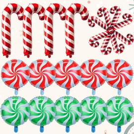 Christmas Candy Cane Foil Balloons, 22 Pcs Sweet Christmas Round Swirl Candy Cane Mylar Balloons, Red Green Xmas Lollipop Cane Balloons for New Year Candies Candyland Theme Birthday Party Decorations