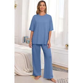 PrinStory Lounge Sets for Women Pajamas Set Soft Pj Sets Loose Womens Pajama Soft Loungewear with Pockets Gray Blue-2XL