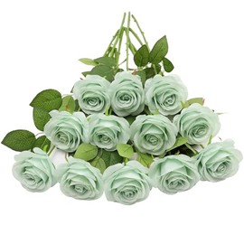 LVEFIT Artificial Rose Flower Artificial Flowers Flower with Long Stem Silk Roses Bouquet for Wedding Bridal Shower Party Home Decoration (Sage Green, 12 Pcs)