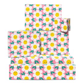 CENTRAL 23 Daisy Wrapping Paper - 6 Sheets Of Birthday Gift Wrap For Her - Happy Daisies In Pink Background - Baby Shower - Comes With Stickers - Recyclable