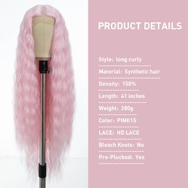 Style Icon Wig 41 Inches Super Long Lace Front Wig Human Hair Quality Curly Wigs for Women Synthetic Hair Replacement HD Lace 150% Density (Middle Part 41 Inches, Pink15)