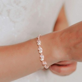 Crysdue Cubic Zirconia Simulated Pearl Bridal Wedding Leaf Filigree Tennis Bracelet for Brides Bridesmaid Birthday Mothers Valentines Day Christmas Jewelry Gifts Gold-Tone