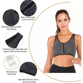 Women Zip Front Closure Sports Bra Medium Impact Push Up Wirefree Yoga Bras Racerback Post-Surgery Bra Workout Top