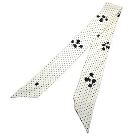 GIMIRO Elegant Ladies Silk Scarf 140 x 9 cm Polka Dot Pattern with Flowers White/Black Bow Design, White Black Mini Dots Daisy