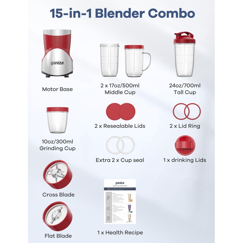 Ganiza 900W Blenders for Shakes and Smoothies, 15-Piece Personal Blender