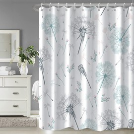 Ruelvth Dandelion Shower Curtain, Green and Grey Spring Shower Curtain for Bathroom Waterproof Fabric Wild Flower Shower Curtain Set with Hooks, 72x72 Inch