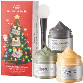 ANAI RUI Christmas Face Mask Gift Set, Turmeric Clay Mask - Green Tea Clay Mask - Dead Sea Minerals Mud Mask, Festive Christmas Skincare,Skincare Gift 2.5 oz each