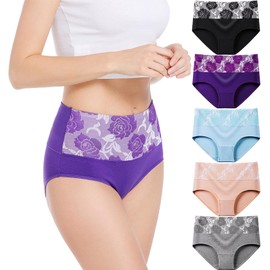 HAVVIS Women's Briefs Underwear Cotton High Waist Tummy Control Panties Rose Jacquard Ladies Panty Multipack (Brief 02-5 Pack - Assorted Colors, Small)