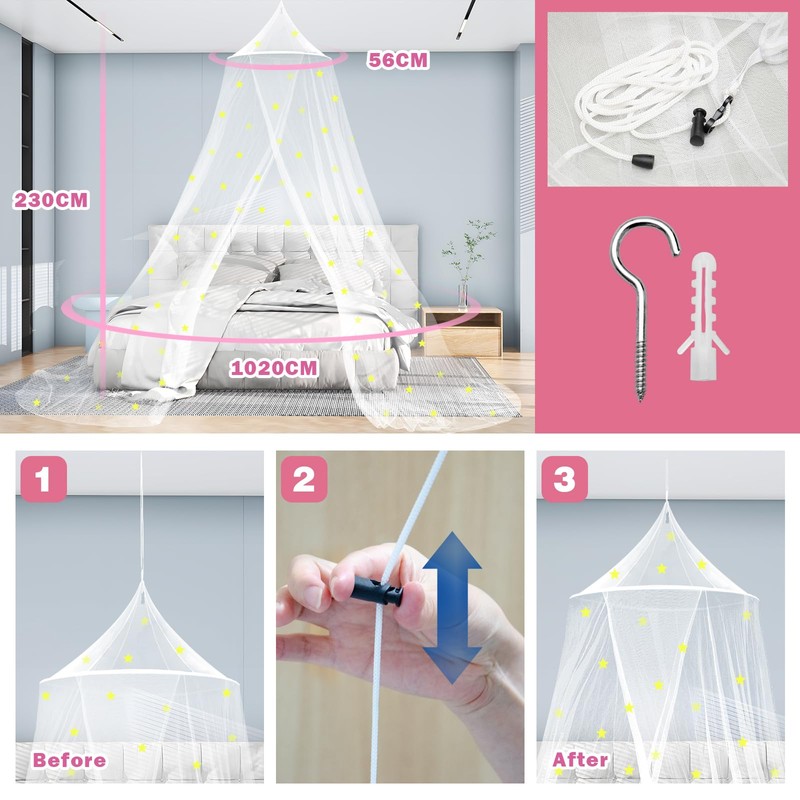 Daksha Princess Bed Canopy for Girls with Glowing Stars, Bed