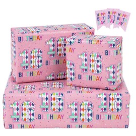RUSPEPA Birthday Wrapping Paper Sheets with Gift Tags for Teenager Girls' Birthday Gift Wrap, 3 Fold on Sheets Each Set, 50x70cm, Age 16