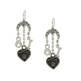 Silver Tone Paw Bone Heart Charm Floral Earrings Dog Cat Animal Rescue