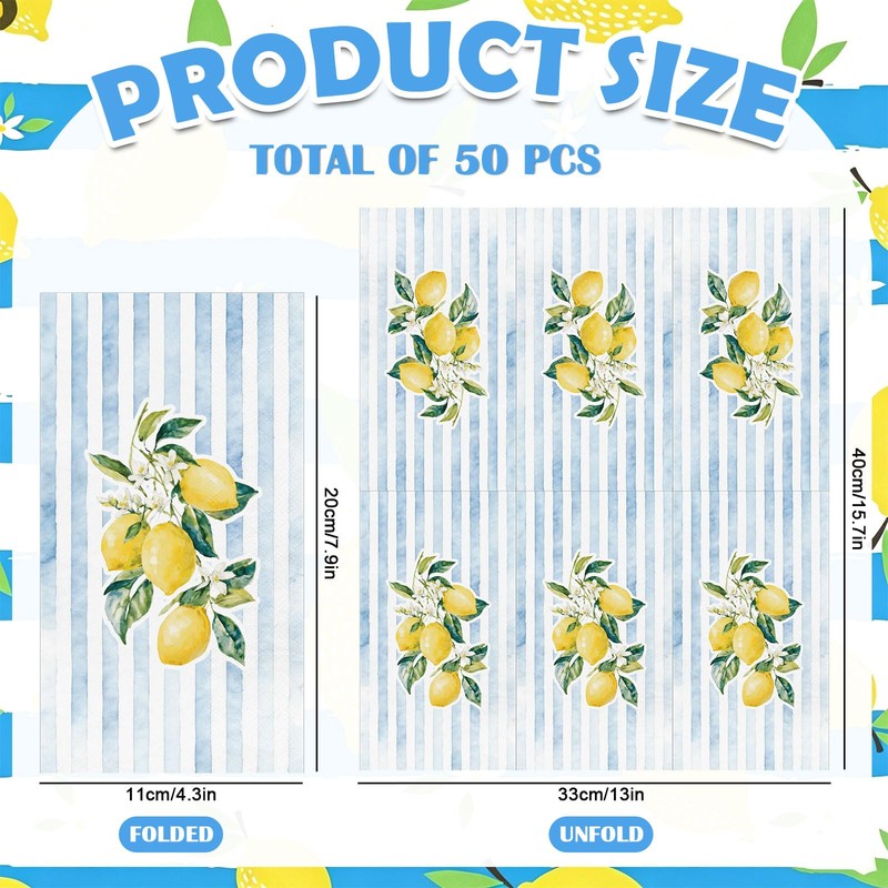 AnyDesign 50Pcs Lemon Paper Guest Napkins Yellow Citrus Fruit Disposable