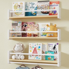 MXCSE Floating Nursery Book Shelves for Kids, 16 Inch Solid Wood Wall Mounted Bookshelf Set of 3, Hanging Book Shelves for Kids Room, Wall Shelves for Kid Room Decor (White & Wooden, 16 Inches)