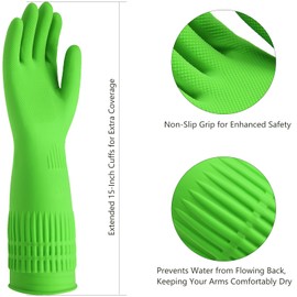 AinuScinsYoe Reusable Rubber Cleaning Gloves - Waterproof, Non-Slip 15" Long Cuff Kitchen Gloves for Dishwashing, 3 Pairs (Yellow, Red, Green), XL