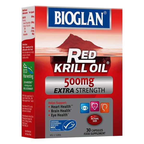 Bioglan Red Krill Oil Extra Strength 500mg, high in Omega-3 Fish Oil, EPA & DHA help to support for your Heart, Eye and Brain health, one month supply – 30 capsules