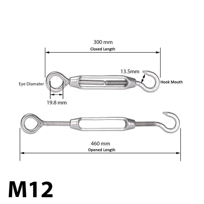 Trimming Shop Turnbuckle Wire Tensioner M12 Rope Strainer Stainless Steel