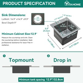 YITAHOME Black Drop In Kitchen Small Sink 15in Topmount Stainless Steel Nano Gunmetal Black Sink w/Protector Accessories, Single Bowl for Workstation, Bar 15 x 15 x 10 Inch