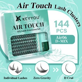 KEYYOU Lash Extension Kit 144pcs Air Touch Lash Clusters with Bond and Seal Lash Applicator Remover D Curl DIY Eyelash Extension Kit Easy to Apply at Home(Air06Kit-D-8-18Mix)