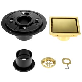 QWORK 4 Inch Square Gold Shower Drain with Flange - Reversible 2-in-1 Tile Insert Grate, SUS304 Stainless Steel, Brushed Gold Floor Drain, Cover Tile Insert