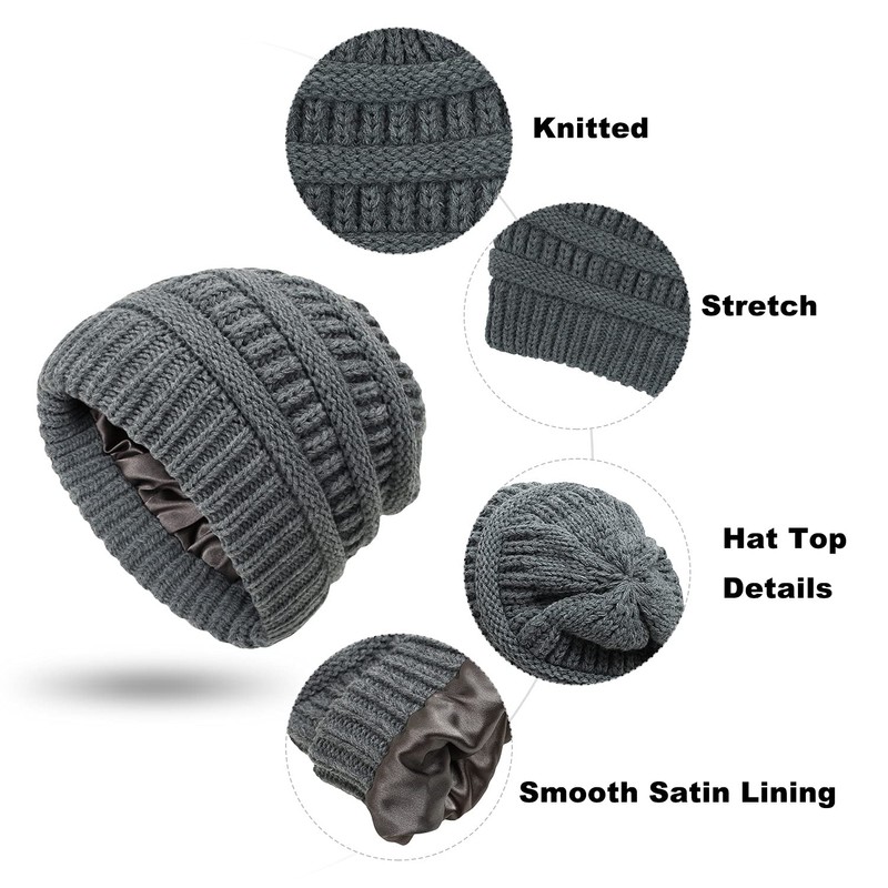 Women Knitted Beanie Hat Satin Lined Winter Warm Cap (White)