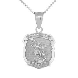 .925 Sterling Silver Saint Michael Protect Us 2/3" Shield Medal Pendant Necklace with 16 Chain