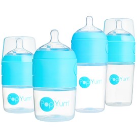 PopYum Blue Formula Making Baby Bottle Starter Set, 4 Bottles, 2X 5oz Bottles with #1 Slow Flow Nipples + 2X 9oz Bottles with #2 Medium Flow Nipples, Mixing, Dispenser