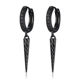 ROMANTICWORK Black Viking Runes Earrings 925 Sterling Silver Spike Dangle Drop Huggie Hoop Earrings withe Celtic Knot Norse Viking Jewelry Gifts for Men Women