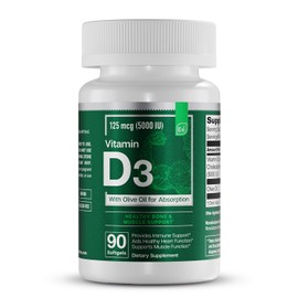 Essential Elements D3 Vitamins 5000 IU Softgels with Olive Oil for Bone, Muscle, & Immune Support
