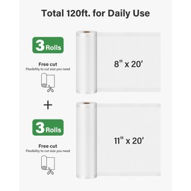 Kootek Vacuum Sealer Bags for Food, 6 Rolls for Custom Fit Food Storage, Meal Prep or Sous Vide, 11"x10'(2 Rolls), 8"x10'(2 Rolls), and 6"x10'(2 Rolls) Commercial Grade Vacuum Seal Freezer Bags Rolls