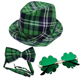 MEDEJU St. Patrick's Day Costume Accessory Set with Irish Plaid Green Beret, Elastic Shamrock Suspenders, Glitter Glasses for Men Women and Kids