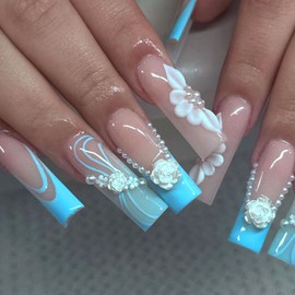 MAOTTIE French Tip Press on Nails Long Square Fake Nails 3D White Flowers Pearl Glue on Nails Light Blue Translucent Acrylic Nails Extra Long Swirl False Nails Summer Stick on Nails for Women 24 Pcs
