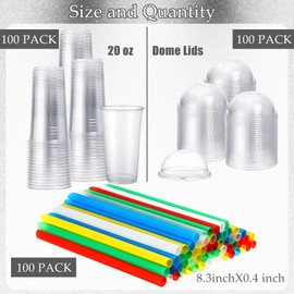 Lallisa 100 Sets Clear Plastic Cups with Dome Lids and Colorful Straws, Disposable Slushie Smoothie Cups PET Beverage for Party Iced Coffee Cold Drinks Juice Milkshake Fruit Tea Dessert(20 oz)