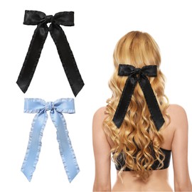 Hair Bows Hair Clips 2 Pack Bow Hair Clip for Women and Girls, Hair Bows with Long Ribbon for Wedding Birthday Valentine’s Day(Black, Blue)