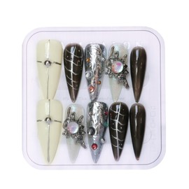 CAMILCY Press on Nails Handmade Nails Luxury Reusable Fake Nails For Girls long Almond Armor Tip Black Silver Diamonds Hand Painted Salon Loveful Design Acrylic GelUV Finished For Women 3DNails10PCS S