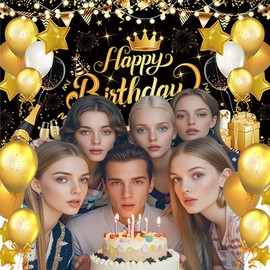 Happy Birthday Banner Black Gold Birthday Party Decoration Backdrop, Poster Fabric Banner Photography Background for Man Woman Boy Girl, 180 x 110 cm