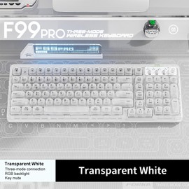 Adventurers F99 PRO Wireless Transparent RGB Backlit Keyboard – Ergonomic,One-Touch Volume Knob,Multi-Mode Connection (Bluetooth/2.4G/Wired)(Transparent White)