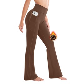 Ewedoos Fleece Lined Pants Women Thermal Yoga Pants with Pockets High Waist Warm Pants Winter Flare Leggings for Women Brown