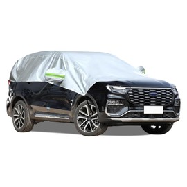 Btstil Half Car Cover for SUV, Car Windshield Cover with Reflective Straps, Universal Car Top Cover Waterproof UV Resistant Snow and Ice Protection (Silver)