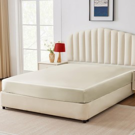 CozyLux Satin Fitted Sheet Queen Size, Beige Silky Satin Bed Fitted Sheet Only with Silky Microfiber, Deep Pocket, Single Bottom Sheet Sold Separately, Breathable, Smooth and Soft