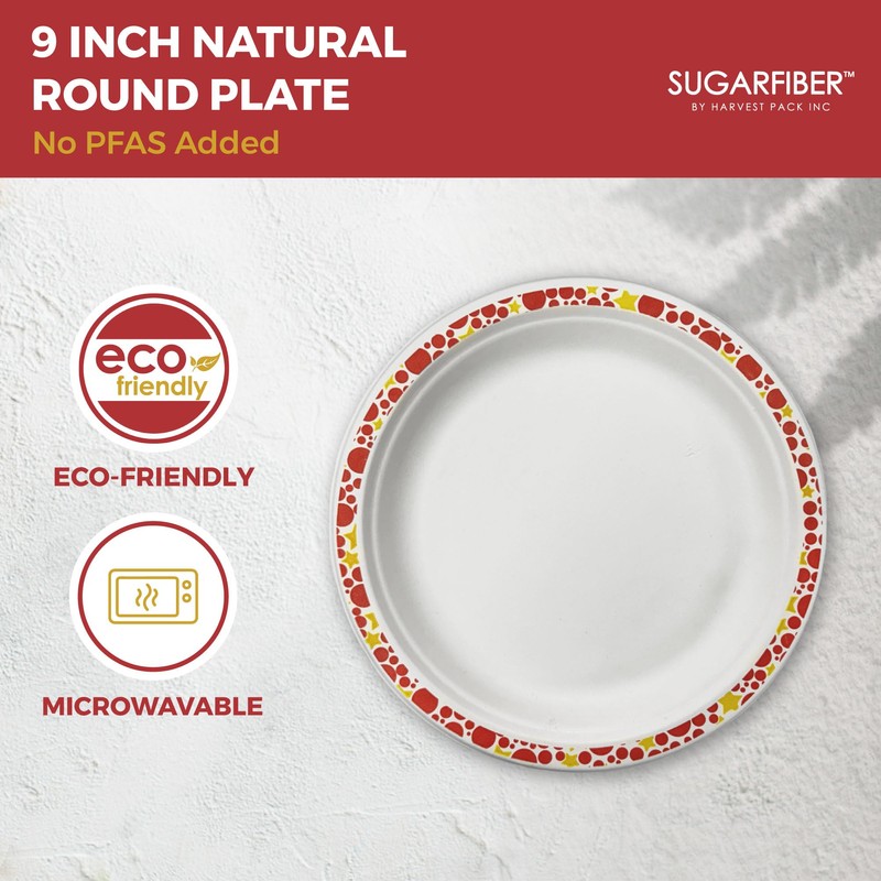 Harvest Pack 9" Christmas Plates, Compostable Disposable White Round Paper